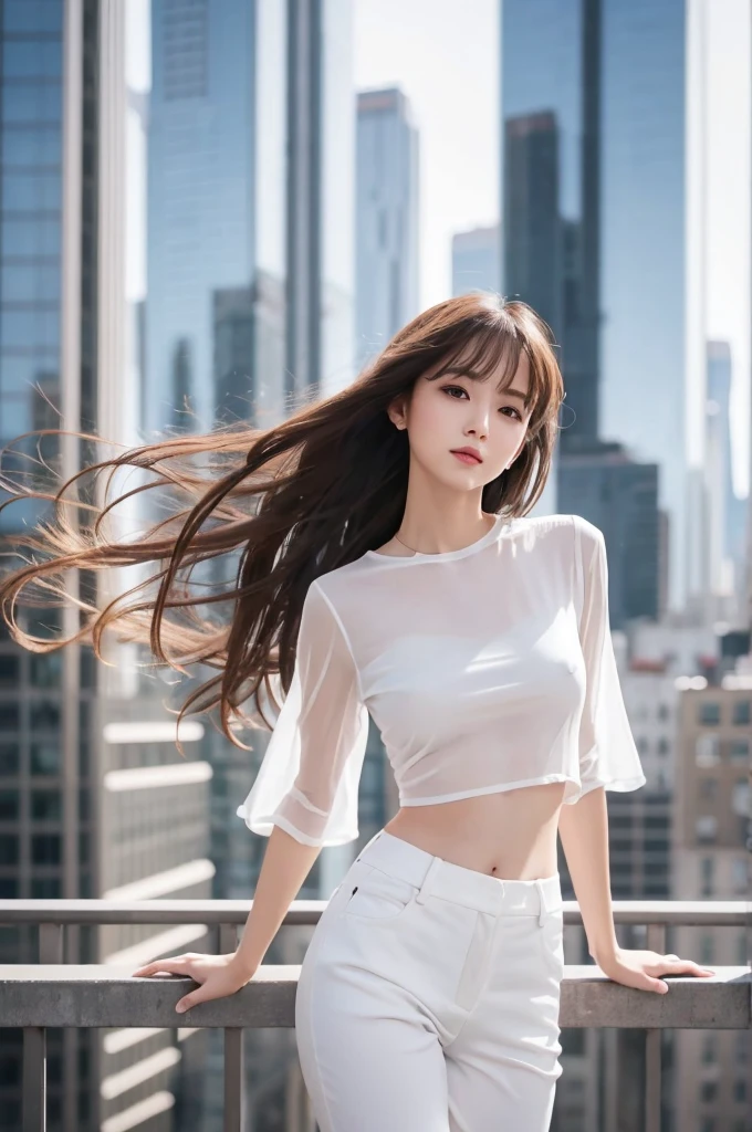 {{{Ultra Detail}}}, {{{realistic}}}, {{{depth of field}}}, full body, from side, head tilt, incredibly detailed, longuette, 1 girls, 30 years old, very long hair, curly hair, high ponytail, light brown hair, beatiful detailed hair, Perfect face, Delicate arms and hands, slim legs, white skin, piercing, oversized clothes, large top sleeves, black trousers, open clothes, cityscape, delicate background, blurry background, an extremely delicate and beautiful, {{{wallpaper 8k CG}}}, {{{best quality}}}, {{{best masterpiece}}},