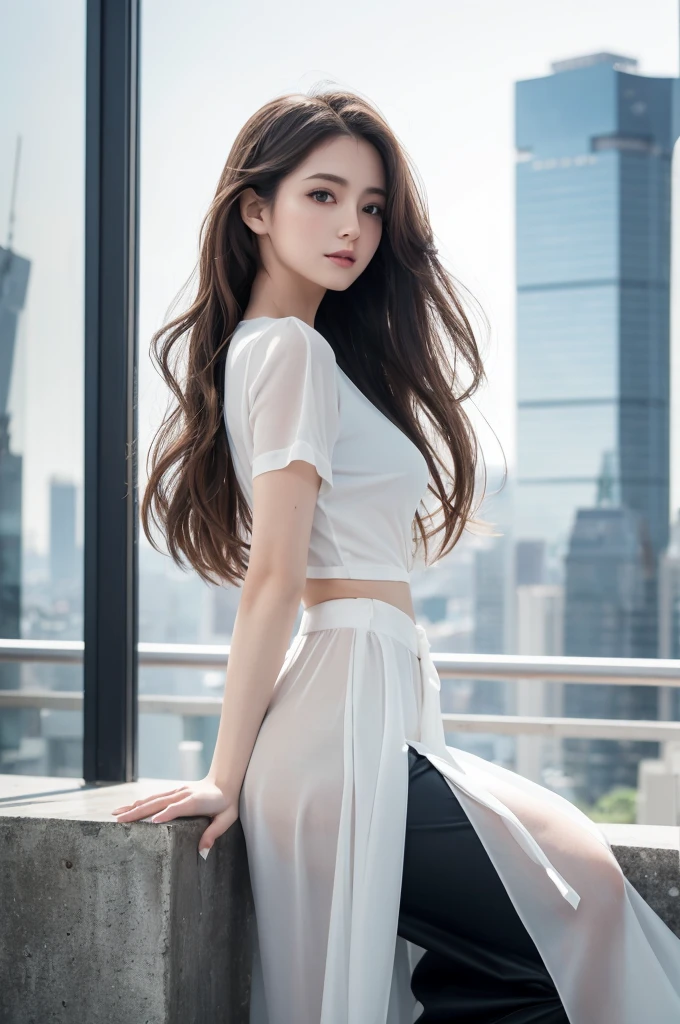 {{{Ultra Detail}}}, {{{realistic}}}, {{{depth of field}}}, full body, from side, head tilt, incredibly detailed, longuette, 1 girls, 30 years old, very long hair, curly hair, high ponytail, light brown hair, beatiful detailed hair, Perfect face, Delicate arms and hands, slim legs, white skin, piercing, oversized clothes, large top sleeves, black trousers, open clothes, cityscape, delicate background, blurry background, an extremely delicate and beautiful, {{{wallpaper 8k CG}}}, {{{best quality}}}, {{{best masterpiece}}},