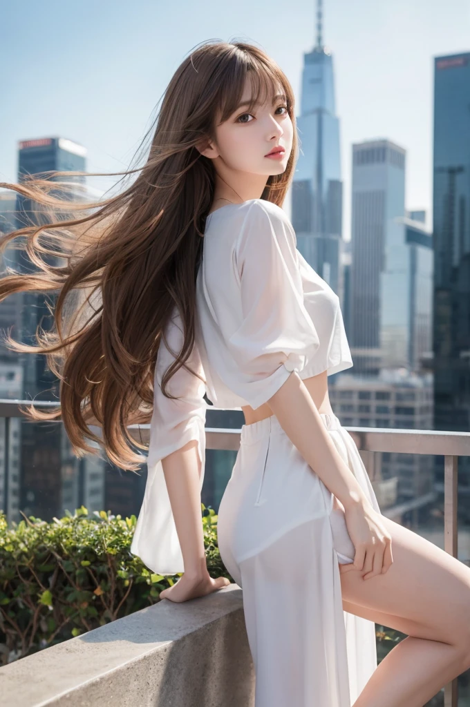 {{{Ultra Detail}}}, {{{realistic}}}, {{{depth of field}}}, full body, from side, head tilt, incredibly detailed, longuette, 1 girls, 30 years old, very long hair, curly hair, high ponytail, light brown hair, beatiful detailed hair, Perfect face, Delicate arms and hands, slim legs, white skin, piercing, oversized clothes, large top sleeves, black trousers, open clothes, cityscape, delicate background, blurry background, an extremely delicate and beautiful, {{{wallpaper 8k CG}}}, {{{best quality}}}, {{{best masterpiece}}},