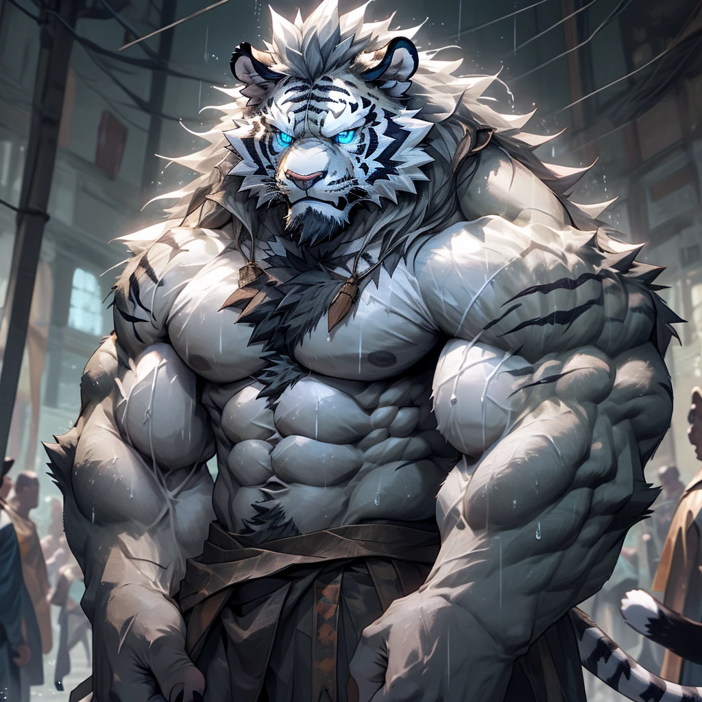 sweaty muscular torso naked rainy village hairy anthropomorphic chest hair serious face（scars in the face） Mature （blue eyes）Huge muscle ripped abs wild，Tribal Ambition White Tiger