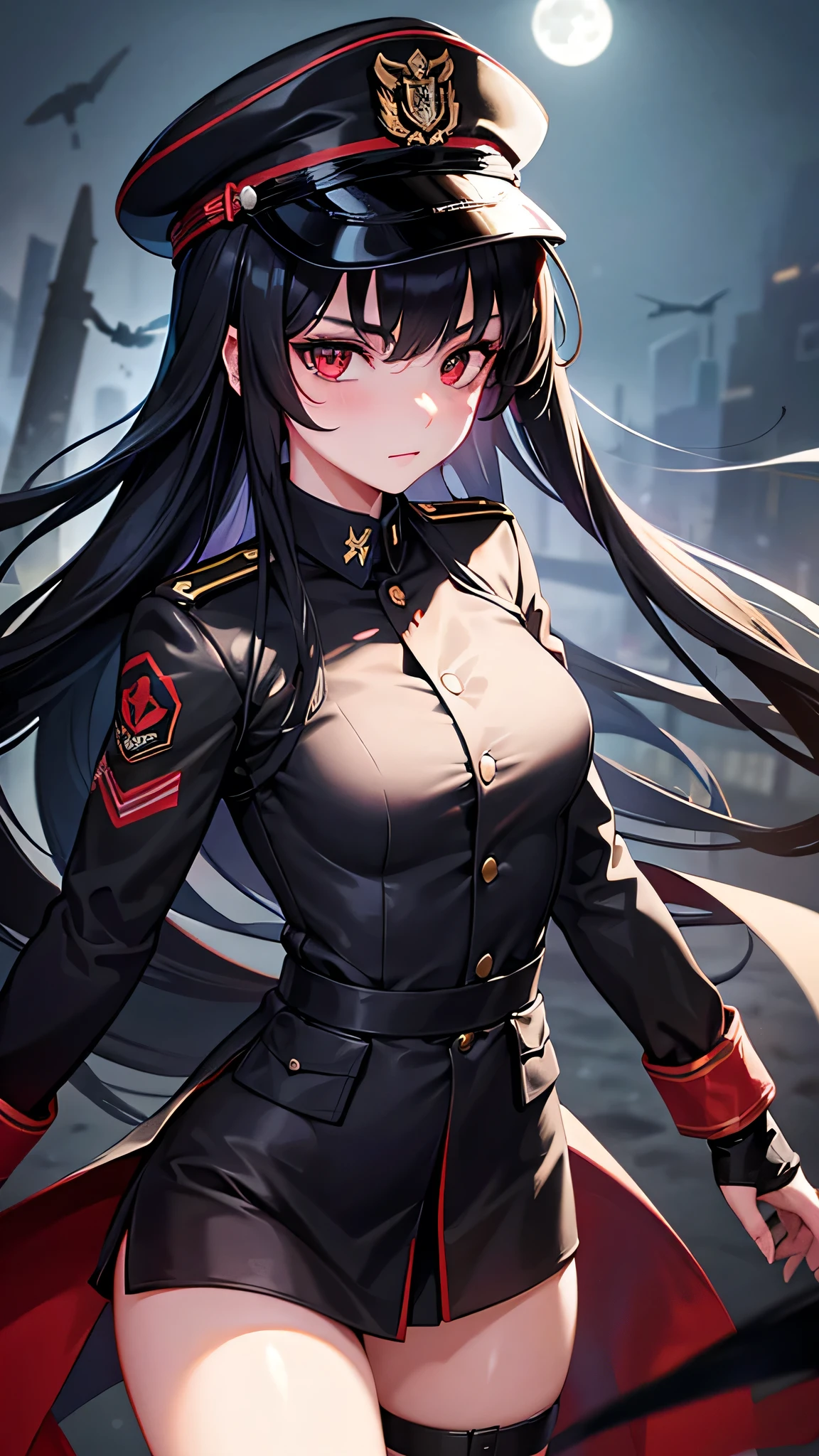 1 girl in black military uniform, 18 years old, military hat that matches the uniform, long black hair, red eyes, spider web background, full moon, moonlight, face in shadow, light particles, fantastical atmosphere, best quality, 4k, 8k, highres, masterpiece, ultra-detailed, realistic, photorealistic, photo-realistic, HDR, UHD, studio lighting, ultra-fine painting, sharp focus, physically-based rendering, extreme detail description, professional, vivid colors, bokeh