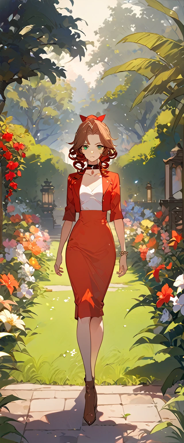 masterpiece, best quality, 8k, 4k, 1girl, aerith gainsborough, brown hair, longer side curly bang, long tight curly ponytail, green eyes, red hair ribbon, red bolero jacket, cropped jacket,black tie choker, long pink straight dress, brown boots, bangles, walking in a garden, flowers, detailed background,, inspired by Asukaziye artist : ask, art style : ask
