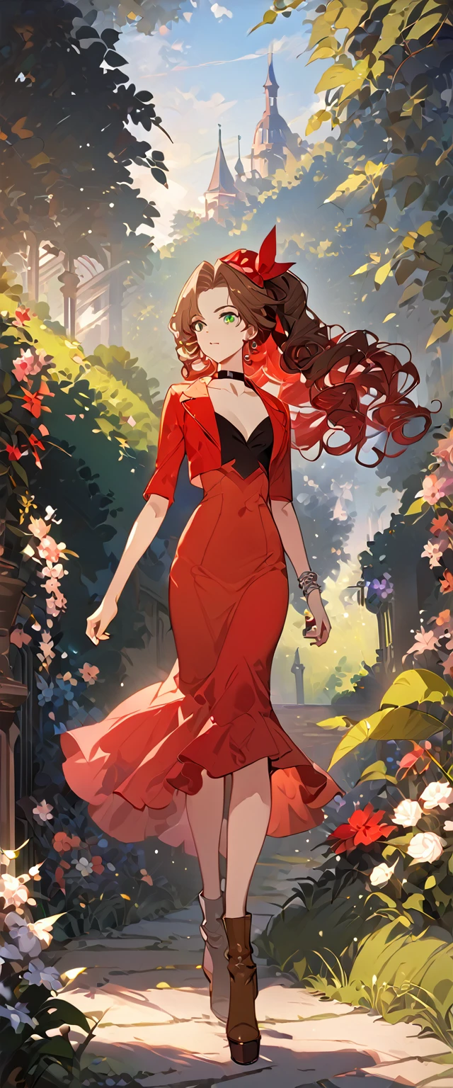 masterpiece, best quality, 8k, 4k, 1girl, aerith gainsborough, brown hair, longer side curly bang, long tight curly ponytail, green eyes, red hair ribbon, red bolero jacket, cropped jacket,black tie choker, long pink straight dress, brown boots, bangles, walking in a garden, flowers, detailed background,, inspired by Asukaziye artist : ask, art style : ask