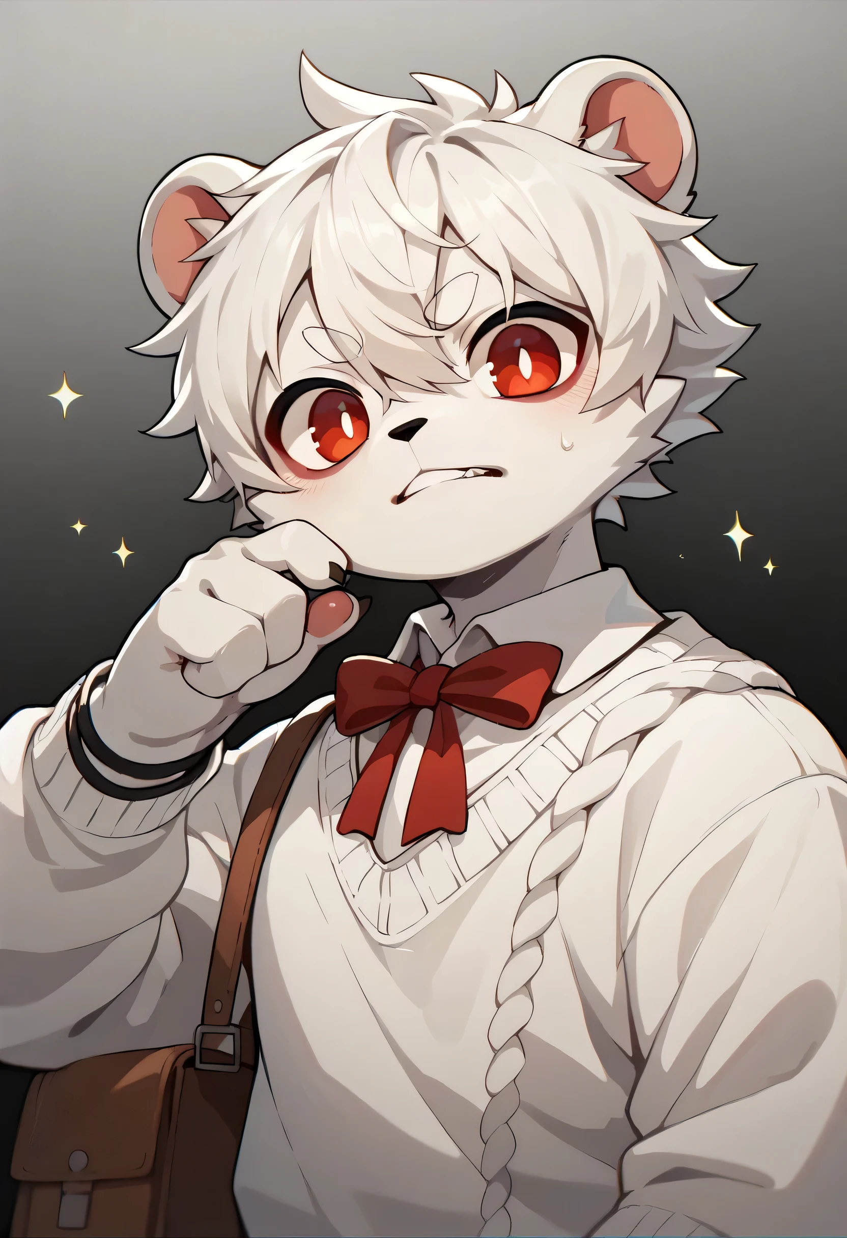 Draw a furry boy with bear ears and white hair with white skin, have a white sweater, a bow on the neck and red eyes full of evil and in the background put hell itself with a lot of fire