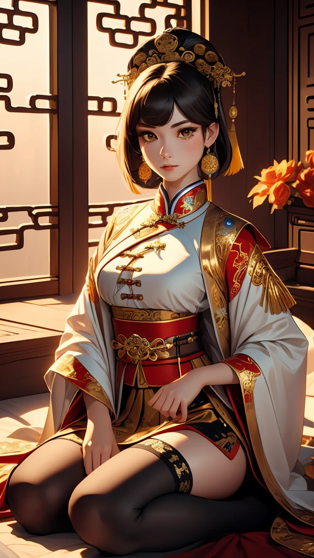 A very beautiful 19-year-old woman, (white hair:0.3), bob haircut, short hair, (yellow eyes:0.5) bright golden eyes, red nails, young beautiful face, muscular, slim but well-proportioned body, perfect white skin, highly detailed drawing, realistic face. (((Wearing traditional Chinese imperial clothes, ornately decorated in gold with black details:1.2))) ((red skirt with golden details,)) (with red Hanafuda earrings,) (garterbelt black thigh-high socks.) Kneeling on a white bed in an ancient Chinese room, with a full moon and stars visible through the window at night, with light flashes refleting on hear body. 4k anime ART, perfect lighting