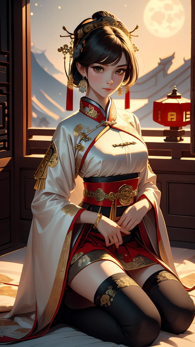 A very beautiful 19-year-old woman, (white hair:0.3), bob haircut, short hair, (yellow eyes:0.5) bright golden eyes, red nails, young beautiful face, muscular, slim but well-proportioned body, perfect white skin, highly detailed drawing, realistic face. (((Wearing traditional Chinese imperial clothes, ornately decorated in gold with black details:1.2))) ((red skirt with golden details,)) (with red Hanafuda earrings,) (garterbelt black thigh-high socks.) Kneeling on a white bed in an ancient Chinese room, with a full moon and stars visible through the window at night, with light flashes refleting on hear body. 4k anime ART, perfect lighting