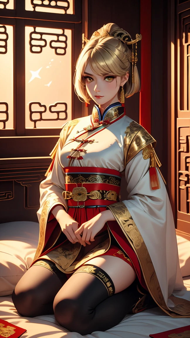 A very beautiful 19-year-old woman, (white hair:0.3), bob haircut, short hair, (yellow eyes:0.5) bright golden eyes, red nails, young beautiful face, muscular, slim but well-proportioned body, perfect white skin, highly detailed drawing, realistic face. (((Wearing traditional Chinese imperial clothes, ornately decorated in gold with black details:1.2))) ((red skirt with golden details,)) (with red Hanafuda earrings,) (garterbelt black thigh-high socks.) Kneeling on a white bed in an ancient Chinese room, with a full moon and stars visible through the window at night, with light flashes refleting on hear body. 4k anime ART, perfect lighting