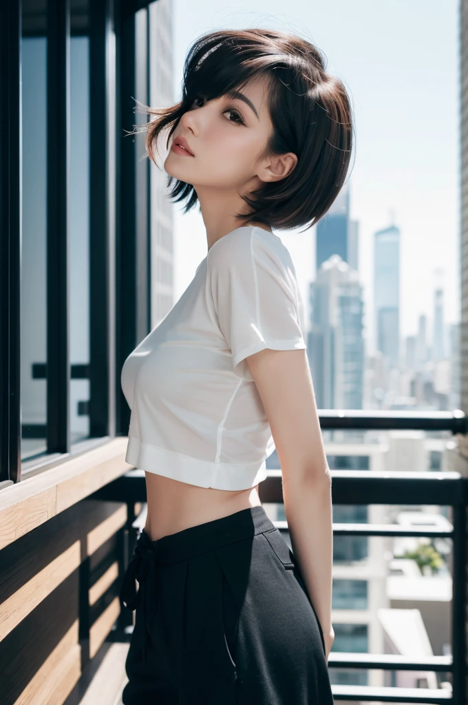 {{{Ultra Detail}}}, {{{realistic}}}, {{{depth of field}}}, full body, from side, head tilt, incredibly detailed, longuette, 1 girls, 30 years old, A man with has short black hair, spiked hair, light brown hair, beatiful detailed hair, Perfect face, Delicate arms and hands, slim legs, white skin, piercing, oversized clothes, large top sleeves, black trousers, open clothes, cityscape, delicate background, blurry background, an extremely delicate and beautiful, {{{wallpaper 8k CG}}}, {{{best quality}}}, {{{best masterpiece}}},