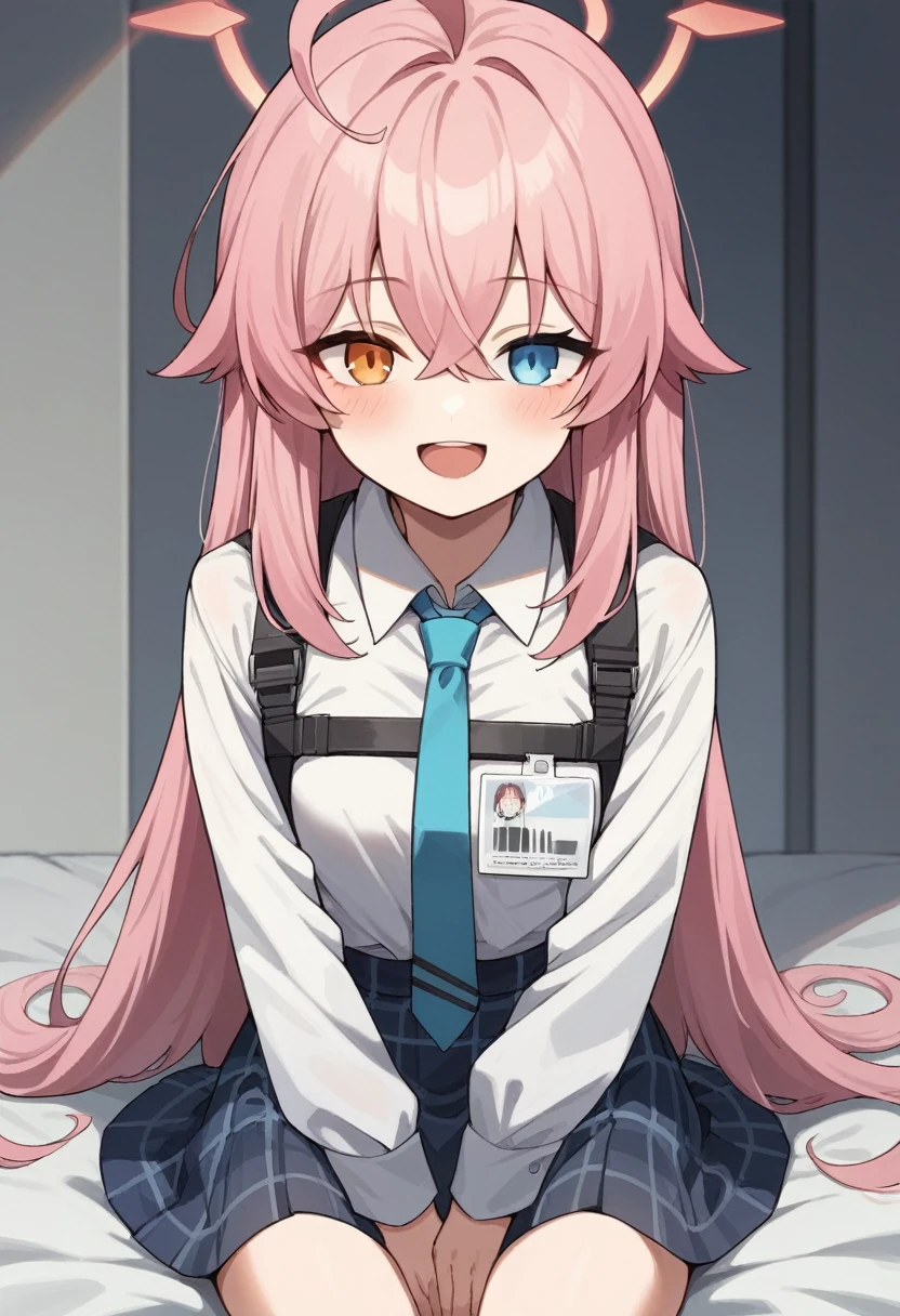 One girl, Hoshino (Blue Archive), alone, Heterochromia iridis, Pink Hair, skirt, Long Hair, tie, Ahoge, shirt, Hello, Plaid skirt, blue eyes, Plaid, View your viewers, white shirt, Sitting, Orange eyes, chest Harness, Harness, Long sleeve, ID card, Open your mouth, very Long Hair, collared shirt, smile, blue tie, bangs, The legs are off the frame, Between the legs, hand Between the legs, blush, Hair between the eyes, High resolution,masterpiece, Highest quality