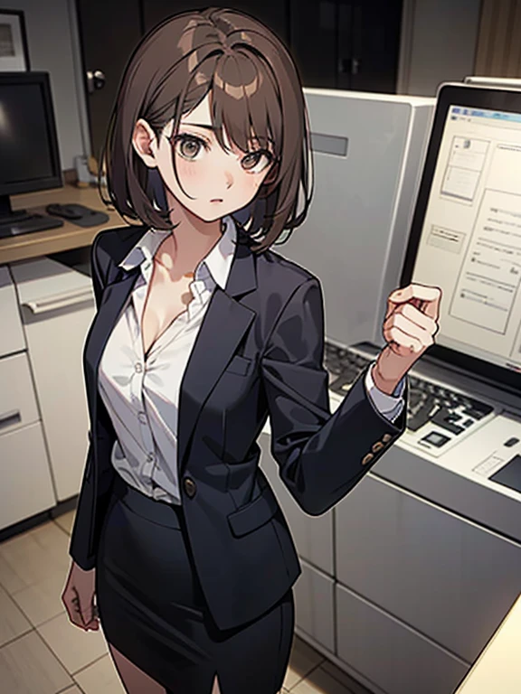 (Highest quality, 8K, 32k, masterpiece, Ultra-high resolution: 1.2), 1 Girl, Beautiful Japanese Woman, thinウエスト, Gray suit, Open jacket, office Lady, suit, Tight Skirt,  office,  office, machine, Beautiful Face, Brown Hair, Bob Hair, Saggy eyes, Muscular,Slender figure,Cleavage, thin, whole body, Detailed expression down to the fingertips, One Woman, alone, Cool look