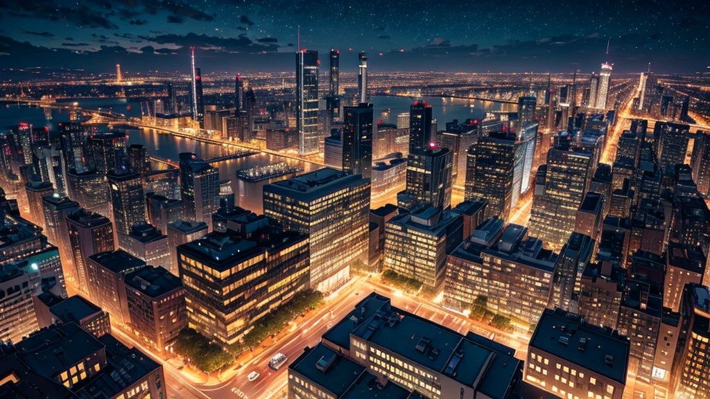 Create a detailed illustration of a vast urban landscape with numerous buildings, focusing on a nighttime city. In the distance, on the rooftop of one of the buildings, there should be a girl playing the piano. The cityscape features a mix of architectural styles, with tall skyscrapers and smaller buildings creating a dynamic skyline. The atmosphere is serene and slightly melancholic, with the city illuminated by soft lights from the buildings' windows and streetlights. The girl on a rooftop in the distance should be clearly visible, playing a grand piano under the glow of the city lights. A few birds can be seen flying in the sky. There are small parks and green spaces interspersed among the buildings, providing a touch of nature within the urban environment. The sky is filled with stars, adding to the tranquil atmosphere of the scene.