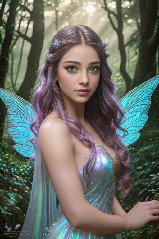 a beautiful sexual fairy, detailed ethereal face, long eyelashes, full lips, delicate skin, flowing hair, fairy wings, iridescent colors, magical forest background, fantasy landscape, photorealistic, 8k, hyper detailed, cinematic lighting, dramatic shadows, vibrant colors, intricate details