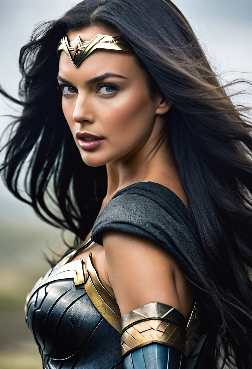 (((Extreme Closeup Irina Shayk(((long black hair)))under the mantle of the Amazon warrior Wonder Woman Diaema Wonder Woman frontal images color images Splash))),(((kim basinger))),(((black hair Largo))),(((black hair)))