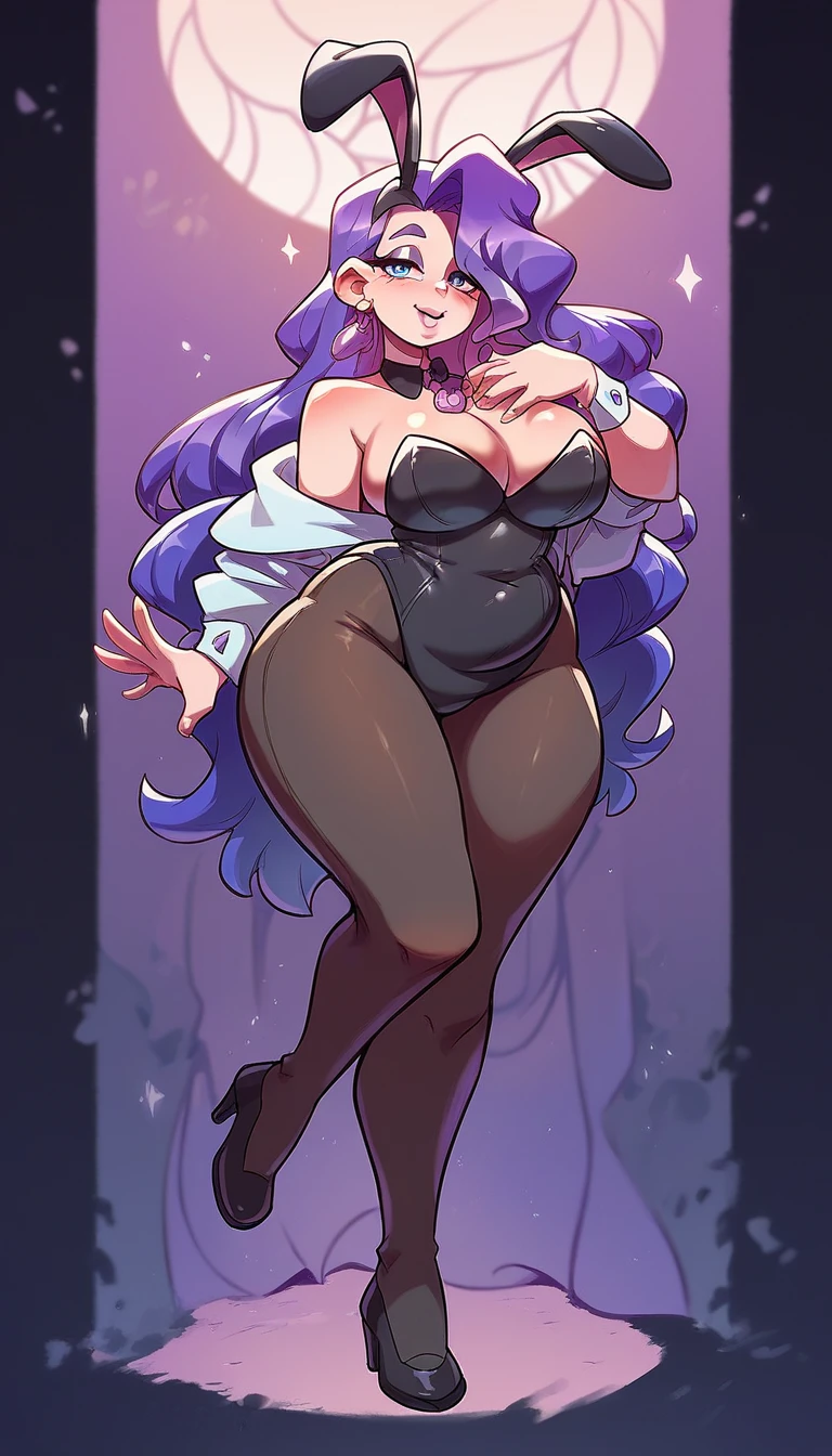 a girl overweight sexy big breast beautiful tenderness long soft wavy purple hair her light blue eye bright pink lip dresses Playboy Black rabbit curve sexy socks long net Black big thigh sexy long black heels in love relationship husband