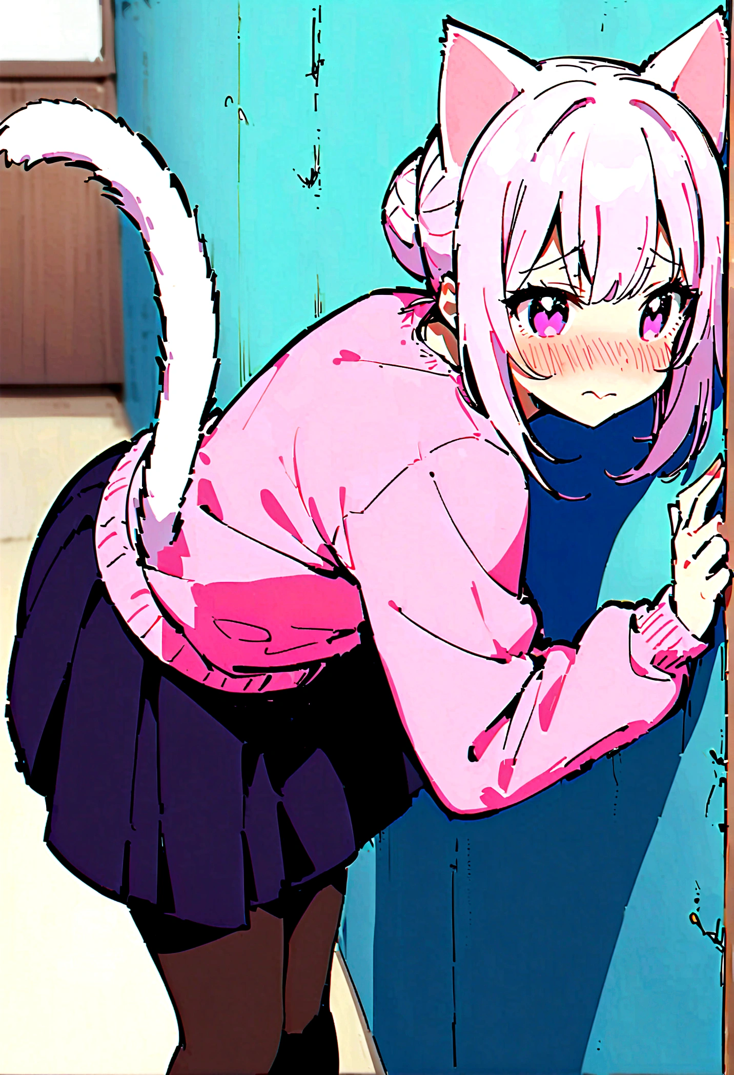 I have white pink hair, cat ears, a bun, my face is super blushing, black glasses, pink heart eyes, a big pink sweatshirt, a black skirt, black stockings, white shoes, a cat's tail, a girl. very shy that she is glued to a wall with her butt