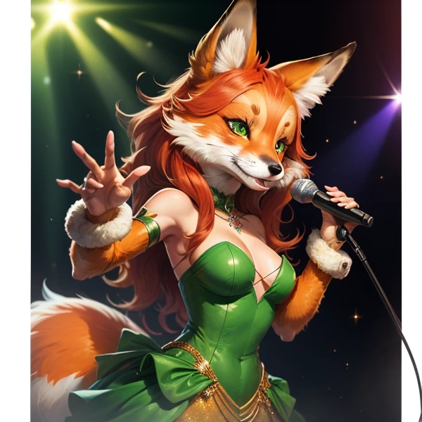 Drawing of an anthropomorphized fox with orange fur, long red hair, expressive green eyes, wearing a sparkly dress and holding a microphone album cover
