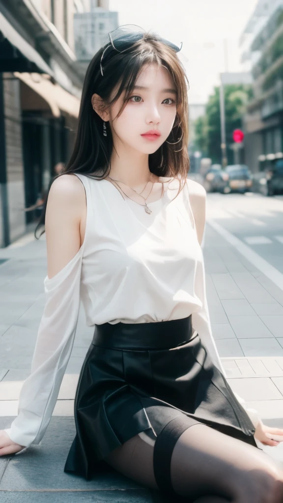 1 girl, best quality, masterpiece, high resolution, [purple|sublevel|green] _hair,Black mini skirt, hair accessory, necklace, Jewelry, Pretty Face, Expected, Full body view, Practical, outdoor, Modern Plaza, Two-color lighting, (High Detail Skin: 1.2), 8K UHD, Digital SLR Camera, Soft Light, high quality, Volumetric Light, frank, photo, high resolution, 4K, 8K, Background blur，(Wear pantyhose），Sitting，White top