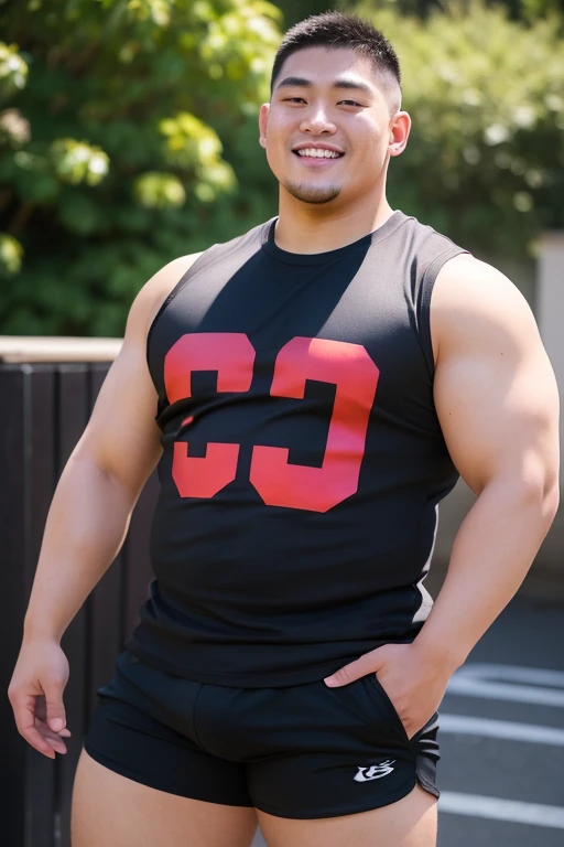 ((highest quality)), ((masterpiece)), (detailed), ((Perfect Face)), 4k, Shaved head, Young Japanese, Muscular, Fat body, Very big man, smile, ((showing off crotch))A large Japanese man wearing a tight black T-shirt、whole body、Rugby last week、Thick legs、Thick arm muscles、Intimidating、whole body, 