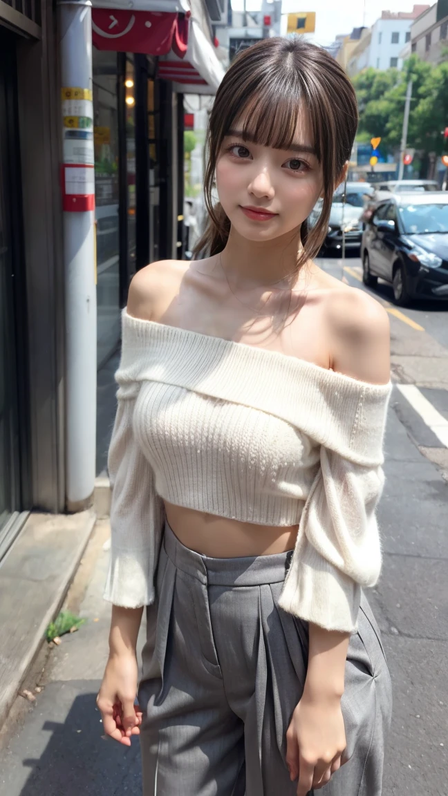 Short length、 ((White knitted loose off-shoulder top、Cropped trousers)),  Brown Skin、Huge breasts, expresses the roundness and softness of the chest area, plumpy body, perfect body shape, Medium ponytail、Light brown hair,Messy bangs、Cheeky look、Redness on the cheeks、Raise the corners of the eyes、Triumphant thin eyebrows、Young Face、 ((Very detailed)), Perfectly detailed face, Great hands, Photorealistic images、((Full Body Shot、Shooting from the side))、street、Sexy pose