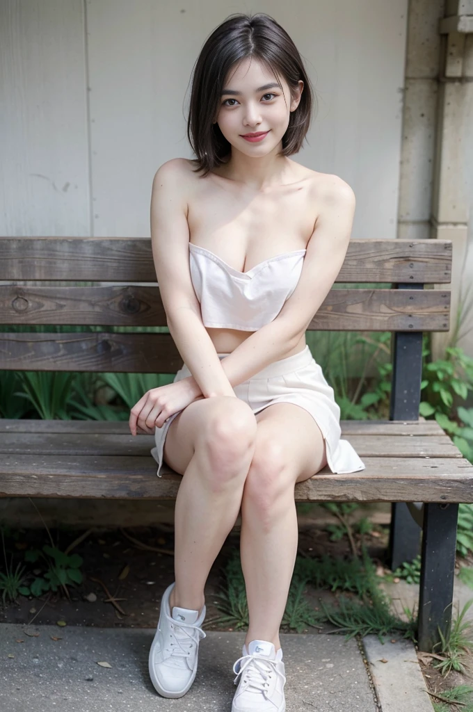 ((topless)) ((FRONTAL NUDITY)) mole on inner thigh ((MEDIUM breast)) ((pale white skin)) sitting on bench, open thighs, (EXHIBITIONIST) ((SMILING)) nude top, thin white skirt only in full growth, young woman with short dark hair, blue shadows on the eyes, posing outdoor, full body in frame, thick thighs, bare legs, knees, sneakers, skirt, standing, MEDIUM BREAST
