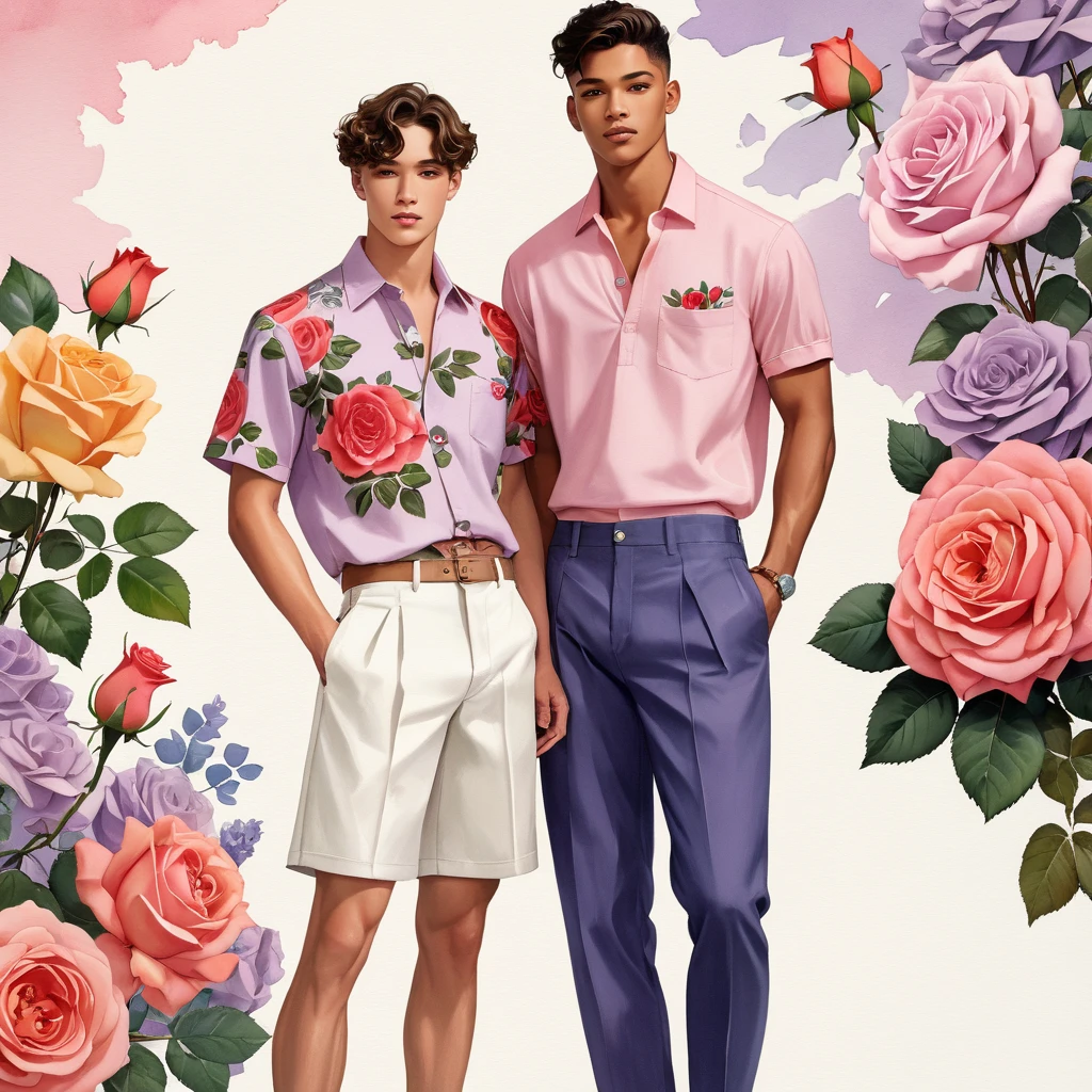 candid fashion illustration of young Mixed race 2man, both aged 23 year old, pale skin, ((showcase fashion look book in linen outfits)), the design inspired by David Austin rose Emma Bridgewater, in elegant chic style. The man wears short-sleeved shirt with a rose embroidery details, paired with relaxed-fit white Sports Wide Leg Shorts Baggy style. The boyfriend complements him in a skinny fitted speedo in a stripe pattern, semi bulge, white sneakers, Captured in a low angle, ((full-body image)), ((roses motifs background)), fashion sketching, realistic drawing, ((imperfect water color drawing background)), fashion look book, fashion illustrator, fashion sketch design, gay, gay couple, The Emma Bridgewater rose by David Austin, lovely variety characterized by colors, (pink with a yellow button eye, then brighter coral-pink tones softening to mauve and lilac). The blooms are large, with many petals forming a classic, rosette shape. The color can range from a delicate, pale pink to a slightly deeper shade, depending on the growing conditions. This rose is appreciated for its charming appearance and delightful,