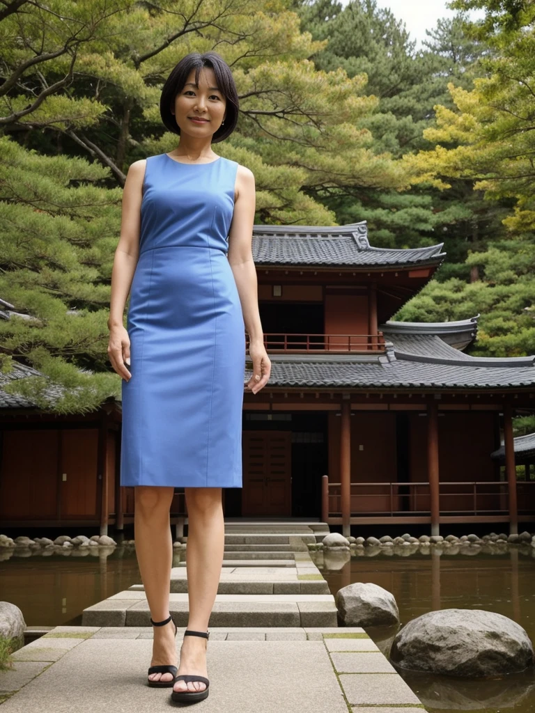 her name is Asako, high quality, 1girl, ((55-year-old asian woman)), ((55 years old)), ((slim)), ((Wavy Bob)), (((old body))) pose: standing, wearing stylish fashionable generation x wear different colored, BACKGROUND: In the serene gardens of Kyoto's Kinkaku-ji Temple