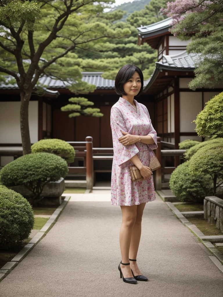 her name is Asako, high quality, 1girl, ((55-year-old asian woman)), ((55 years old)), ((slim)), ((Wavy Bob)), (((old body))) pose: standing, wearing stylish fashionable generation x wear different colored, BACKGROUND: In the serene gardens of Kyoto's Kinkaku-ji Temple