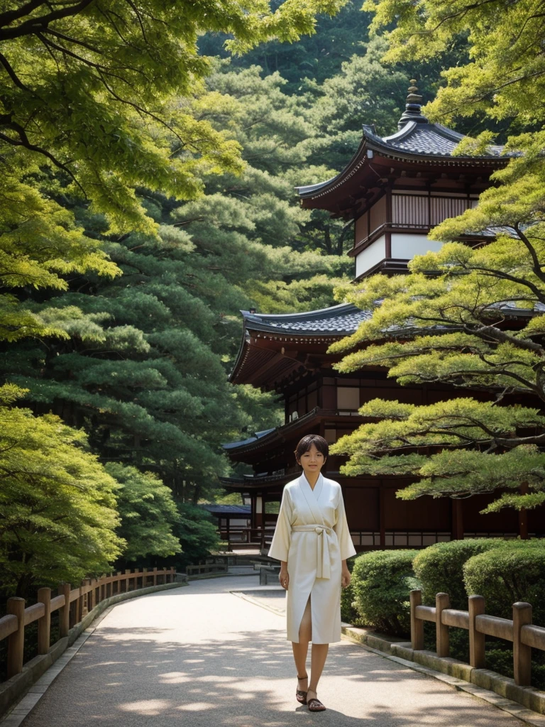 her name is Asako, high quality, 1girl, ((55-year-old asian woman)), ((55 years old)), ((slim)), ((Wavy Bob)), (((old body))) pose: standing, wearing stylish fashionable generation x wear different colored, BACKGROUND: In the serene gardens of Kyoto's Kinkaku-ji Temple