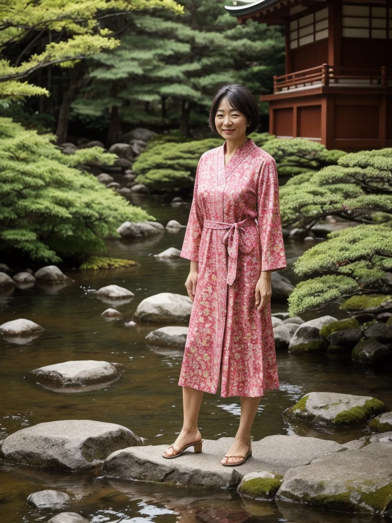 her name is Asako, high quality, 1girl, ((55-year-old asian woman)), ((55 years old)), ((slim)), ((Wavy Bob)), (((old body))) pose: standing, wearing stylish fashionable generation x wear different colored, BACKGROUND: In the serene gardens of Kyoto's Kinkaku-ji Temple