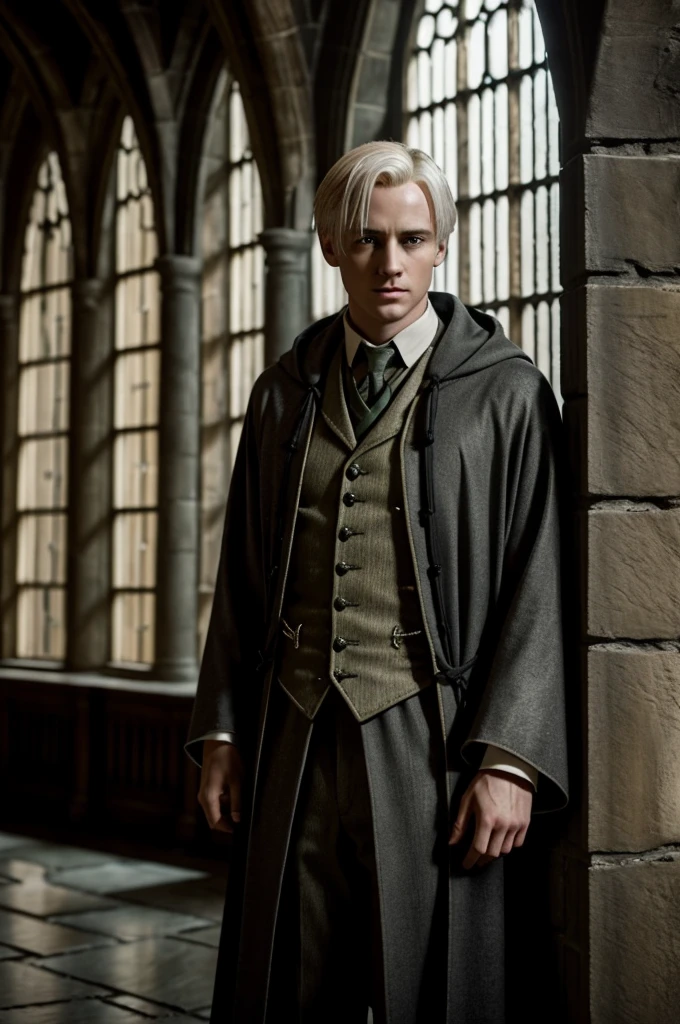Draco Malfoy stood in a deserted corridor of Hogwarts, its ancient stone walls bathed in the soft, ethereal glow of torchlight. The shadows played tricks along the rough-hewn stones, casting shifting patterns that danced at the edges of his vision. He leaned against the cold, moss-covered wall, his platinum blonde hair catching the flickering light as he stared out of a tall, narrow window. Through its leaded glass panes, the moonlight filtered in, casting a silvery sheen across the flagstone floor.
His silver-gray eyes, usually sharp and calculating, now held a glint of uncertainty and weariness. The weight of his family's expectations and the burden of past decisions seemed to press upon him, evident in the slight furrow of his brow and the tense set of his jaw. His Hogwarts robes, usually immaculate and bearing the emblem of Slytherin House, now hung slightly askew, a testament to the disarray of his thoughts.