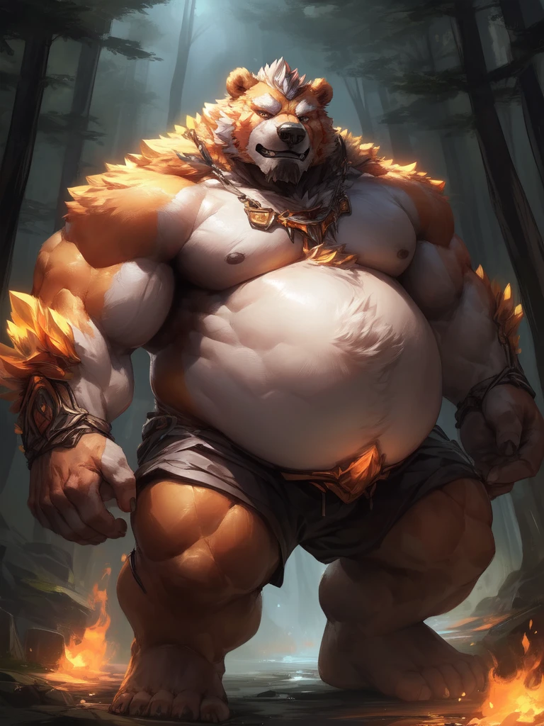 lindong, lucusold, a man with a huge muscular and fat bear walking in fantasy word, magic forest, glowing plants, ((muscular, musclegut, big belly)), thicc, lowres, giant and muscular, danbooru and artstation, heavy detailed, insanely inflated hips, proportionally arms, commission for high res, detailed but rough, semirealistic:1.3