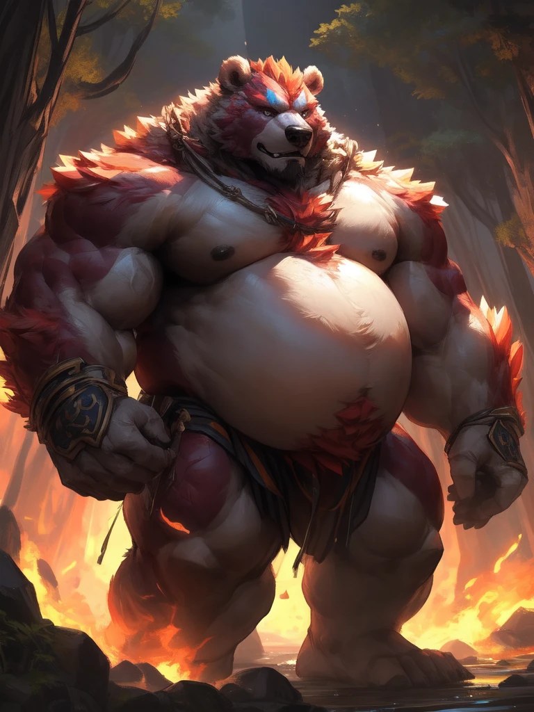 lindong, lucusold, a man with a huge muscular and fat bear walking in fantasy word, magic forest, glowing plants, ((muscular, musclegut, big belly)), thicc, lowres, giant and muscular, danbooru and artstation, heavy detailed, insanely inflated hips, proportionally arms, commission for high res, detailed but rough, semirealistic:1.3