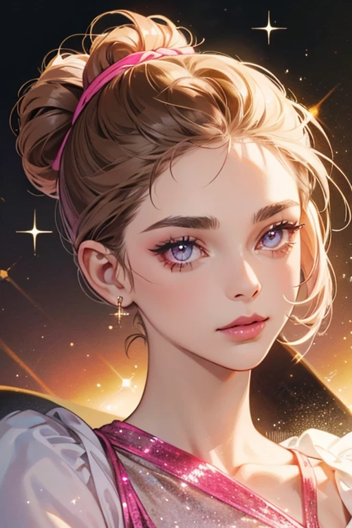 Marlena is short and has brown skin. Her eyes and hair are brown, with the hair pulled up into a bun. She wears brilliant pink lipstick. SPARKLE; GLITTER