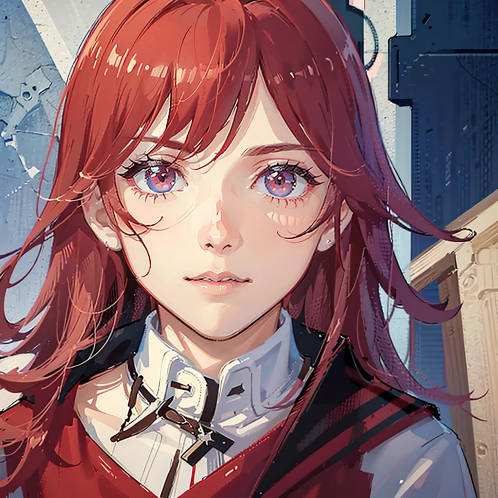 A close-up of a young man with medium-long red hair that falls over his shoulders and a white shirt, attractive androgynous humanoid, male main character, with feminine features, Close-up of character art, detailed character portrait, close-up character portrait, Hero, Close-up of character portrait, estilo 2d, Bright colors, JED style