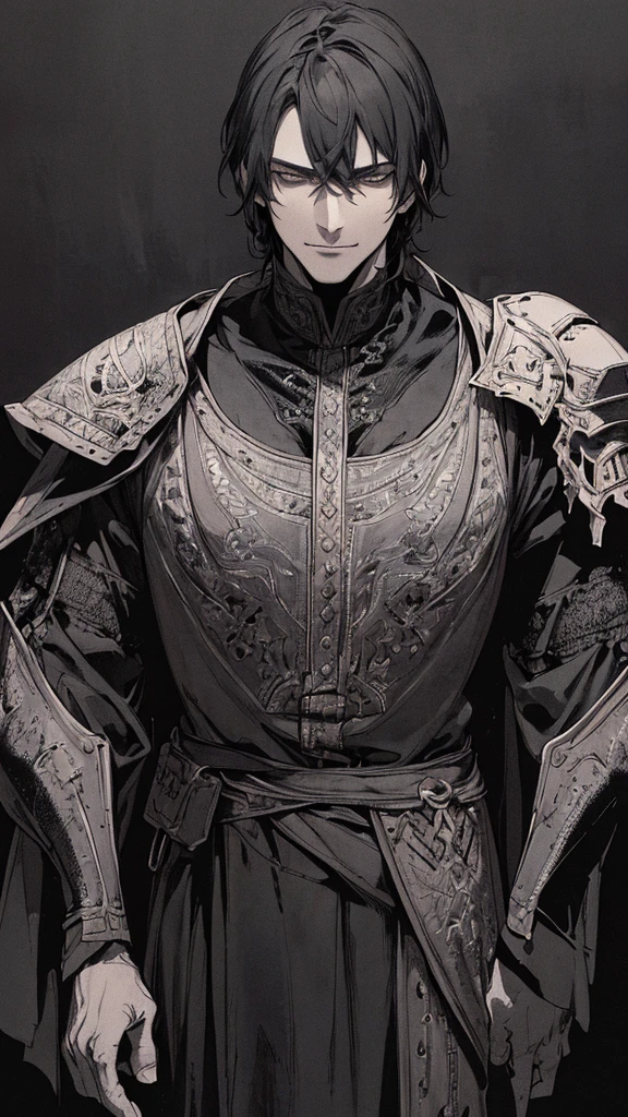 Best quality, (background_detail), high_contrast, detail_original_illustration, warrior, muscular, villain face, armored, full_body, medieval, crease between eyes, young man, man in 20s, dark_stitch_landscape, (dramatic_lighting:1. 25), (shaded_background:1.2), black_hair, (short black hair:) 1.1 ), Large figure, Delicate face, Evil smile, Sharp eyes, Black background, (Black background:1.5), Beautiful line drawing, Black and white