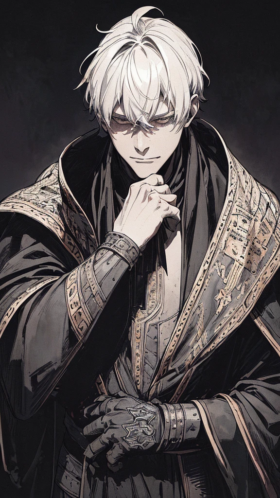 Best quality, (background_detail), high_contrast, detail_original_illustration, warrior, muscular, villain face, armored, full_body, medieval, crease between eyes, young man, man in 20s, dark_stitch_landscape, (dramatic_lighting:1. 25), (shaded_background:1.2), black_hair, (short black hair:) 1.1 ), Large figure, Delicate face, Evil smile, Sharp eyes, Black background, (Black background:1.5), Beautiful line drawing, Black and white