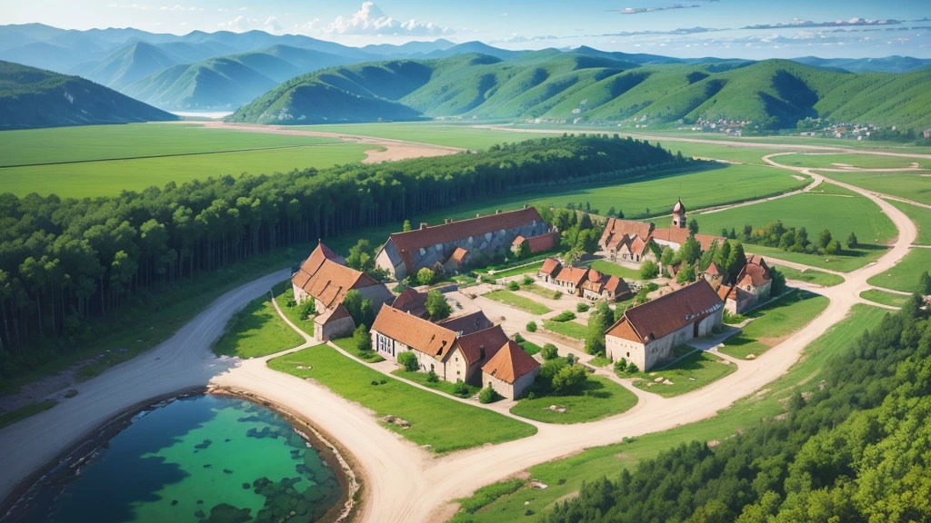 Beautiful scenery of ancient Russian village. Aerial view, Photorealistic photos. High definition