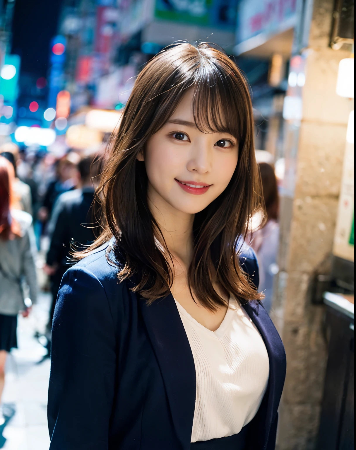 (8K、Raw photo、Highest quality、masterpiece:1.2)、(Realistic、Photorealistic:1.37)、Ultra-detailed、Ultra-high resolution、1 Girl、Seeing the viewer、Beautifully detailed face、Laughter、narrow、(Slim waist) :1.3)、Beautifully detailed skin、Skin Texture、Floating Hair、Professional Lighting、Human whole body、Long Hair、Blonde、Japanese Height 、mini skirt、Not under a jacket、festival、 the street、Sparkler、Bob Hair、夏festival、Opening a store、Smile、(((The whole body to the toes)))、(((The front of the uniform is completely open.、I can see your chest.....)))、Lower milk exposed、Huge breasts
