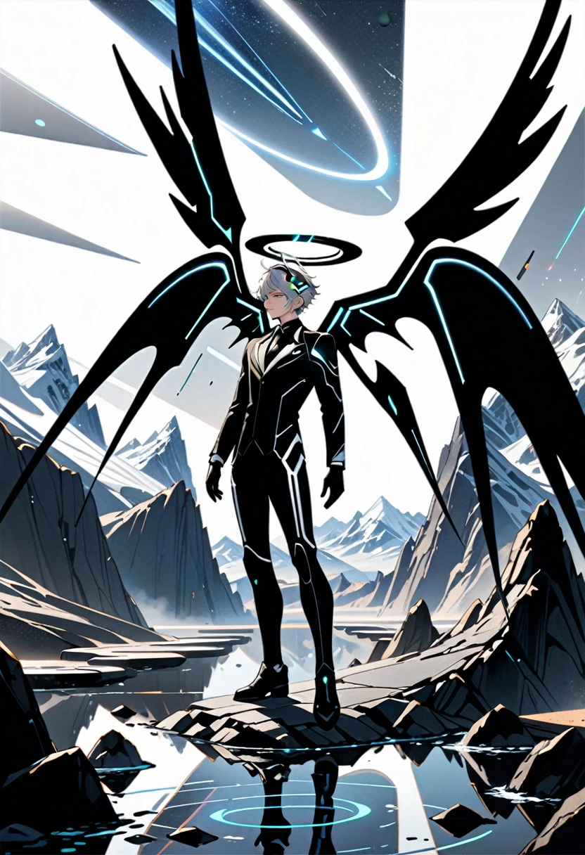 masterpiece, highest quality, highest resolution, clear_image, detailed details, gray hair, 1 boy, futuristic wings, futuristic halo, black suit, full body, no water marks, mountain, no extra limps, no extra body