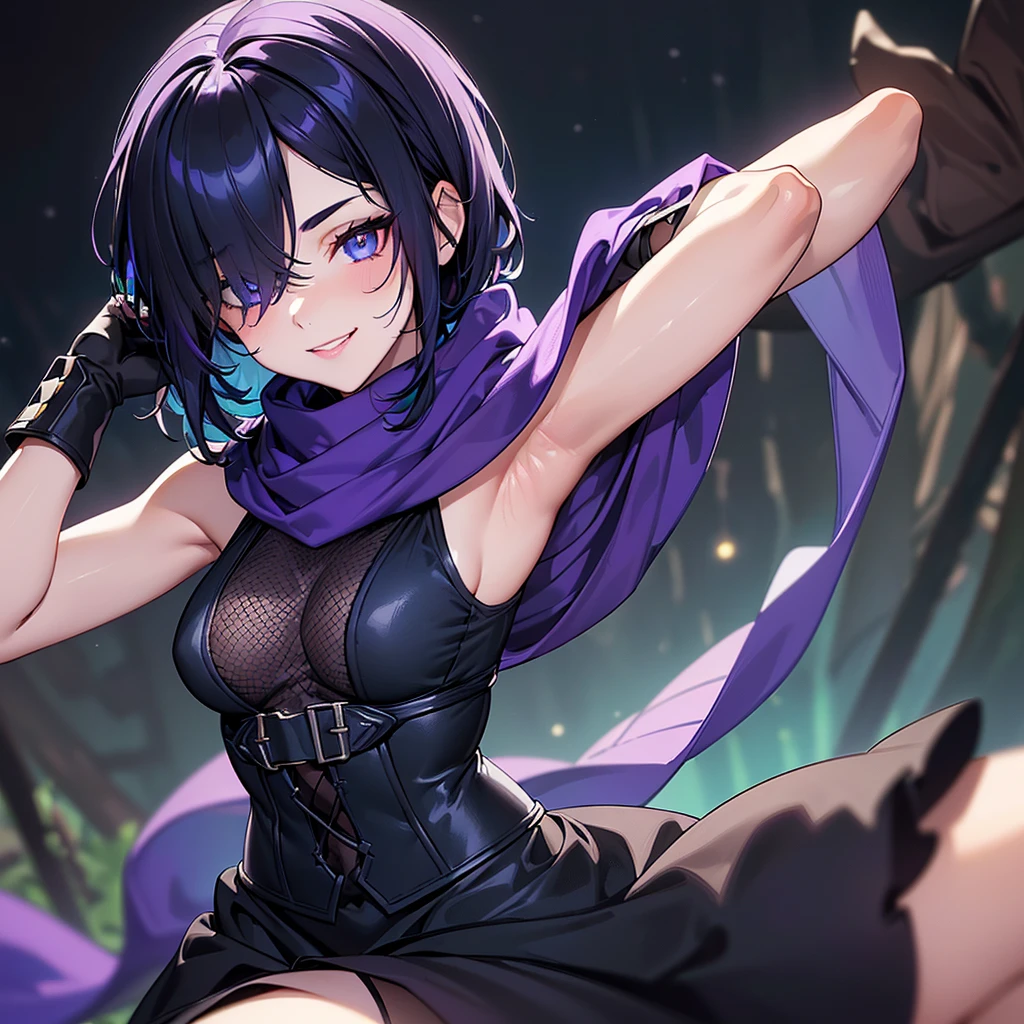 (Super detailed:1.3), ((((best quality)))), ((masterpiece)), female focus, solo, powerful glow, detailed face, detailed eyes, detailed lips,dark forest background,(starry night sky), blue moon,((black and purple and blue multicolored hair)),short hair,shaggy hair, (brown thief attire), (wearing hood:1.3), ((blue and purple eyes, heterochromia), (pale skin:1.2),((smile)),(horny gaze),almond-shaped eyes,cute face,close-up shot, depth of field, (purple scarf:1.2),(black hood:1.2),young girl,(teenager),(goggles:1.2),(black mesh undershirt:1.3),brown corset, European ninja,sleeveless,gloves,(hair over one eye:1.2),(hands behind head),armpits,extremely detailed armpits