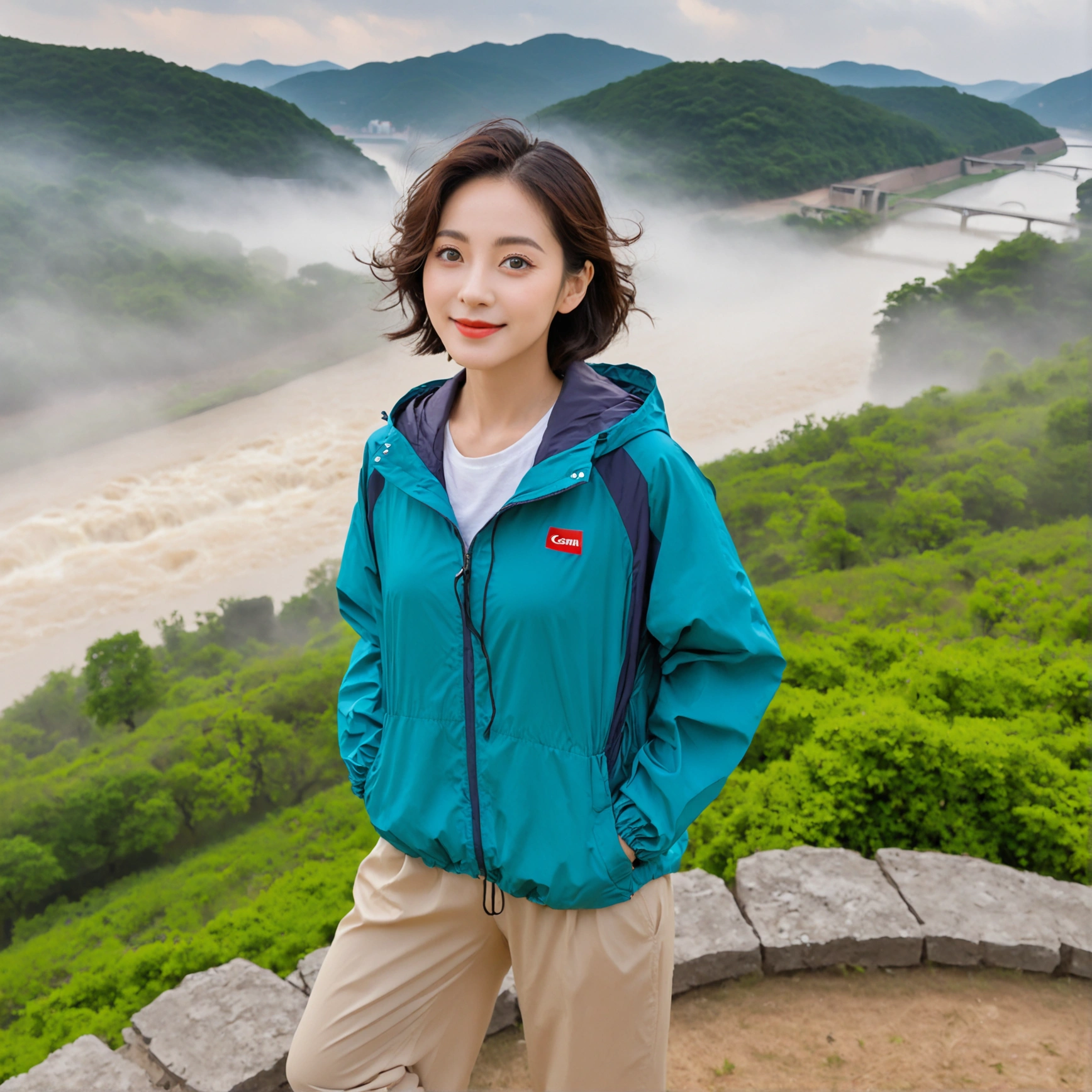 It's vivid picture quality...., Short and medium hair blowing in the wind, Wear a high-end, luxury windbreaker over your t-shirt.. beige casual pants, i am smiling. Standing on a hill overlooking a misty river. the background is clear, Short and slim Korean woman, stand far away, Full body photo taken with Canon Mark 5 camera 16-35 wide angle lens, A woman with big and pretty eyes, eyes are round and big. Taken while standing on a hill overlooking the river