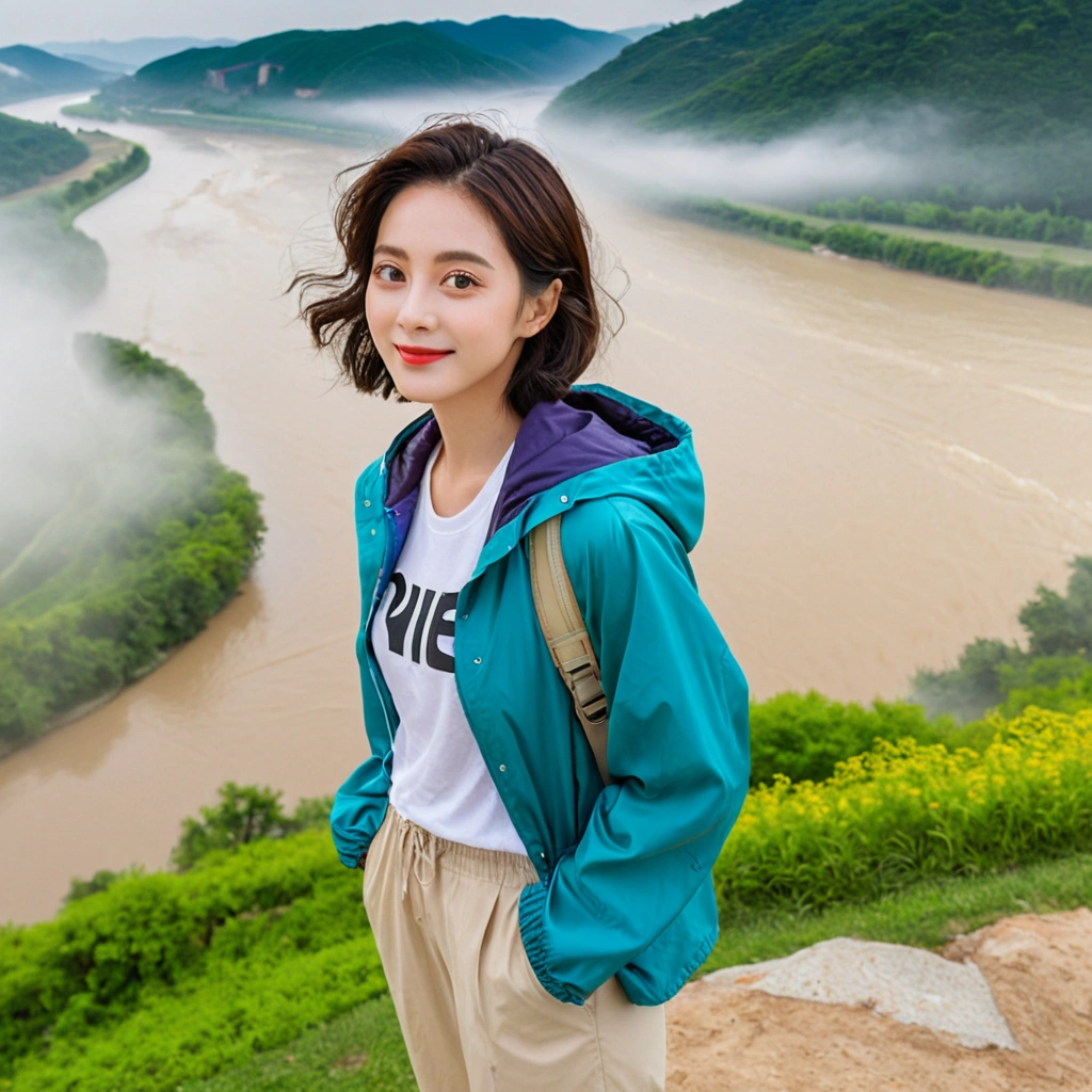 It's vivid picture quality...., Short and medium hair blowing in the wind, Wear a high-end, luxury windbreaker over your t-shirt.. beige casual pants, i am smiling. Standing on a hill overlooking a misty river. the background is clear, Short and slim Korean woman, stand far away, Full body photo taken with Canon Mark 5 camera 16-35 wide angle lens, A woman with big and pretty eyes, eyes are round and big. Taken while standing on a hill overlooking the river