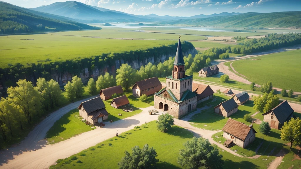 Beautiful scenery of ancient Russian village. Aerial view, Photorealistic photos. High definition