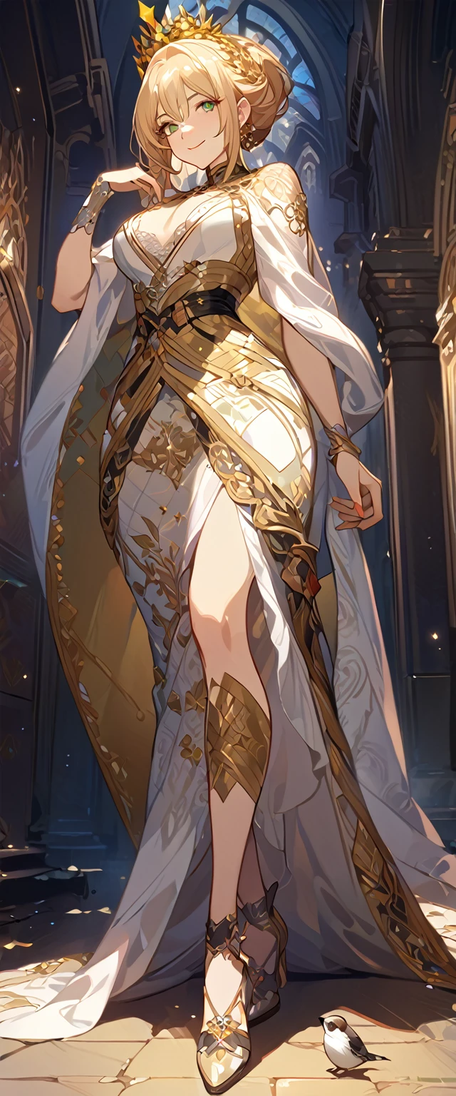 masterpiece, best quality, 8k ,4k , 1girl, elf queen, blond reddish hair, green eyes, big chest, gold wreath crown, hair ornament, finely detailed eyes and detailed face, looking at viewer, white sleeveless, Lace dress, patterned clothes, gold embroidery clothes, meticulous clothes, mature clothes, transparent cape with lace, majestic looks, smiling gently, small bird, full body, inspired by Asukaziye artist : ask, art style : ask