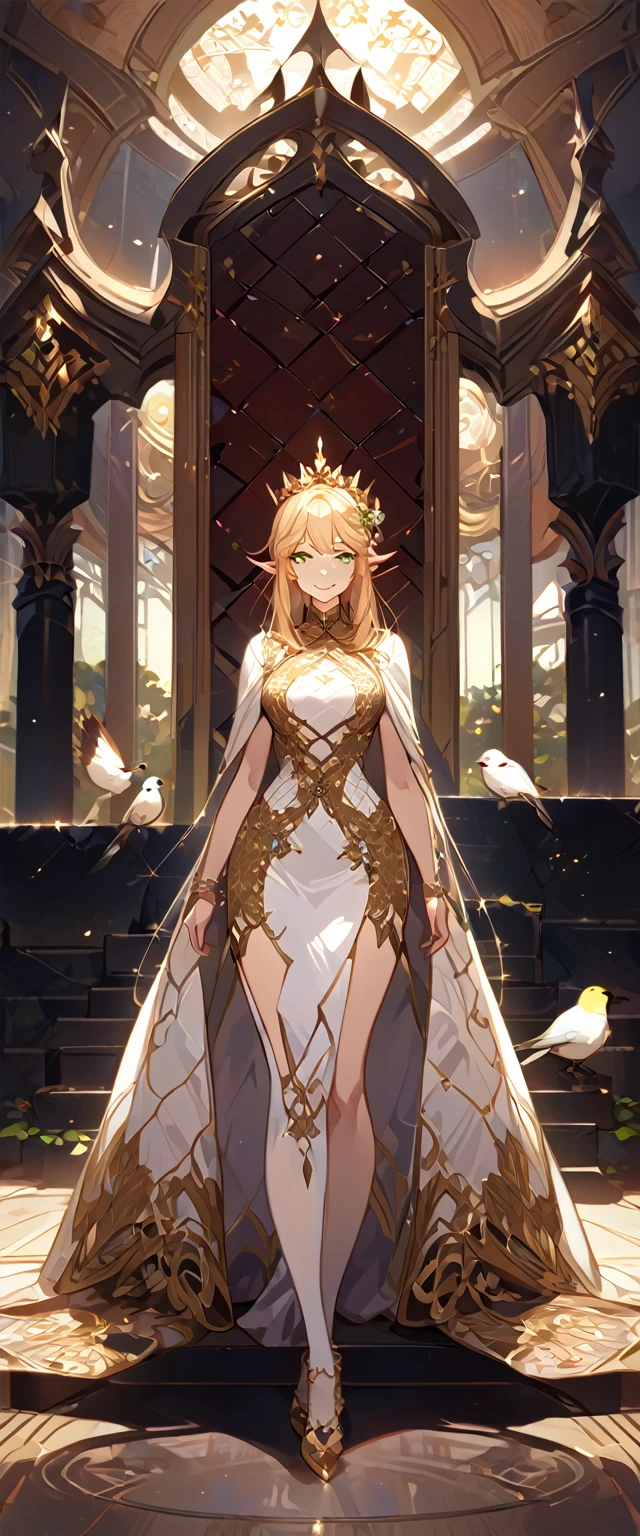 masterpiece, best quality, 8k ,4k , 1girl, elf queen, blond reddish hair, green eyes, big chest, gold wreath crown, hair ornament, finely detailed eyes and detailed face, looking at viewer, white sleeveless, Lace dress, patterned clothes, gold embroidery clothes, meticulous clothes, mature clothes, transparent cape with lace, majestic looks, smiling gently, small bird, full body, inspired by Asukaziye artist : ask, art style : ask