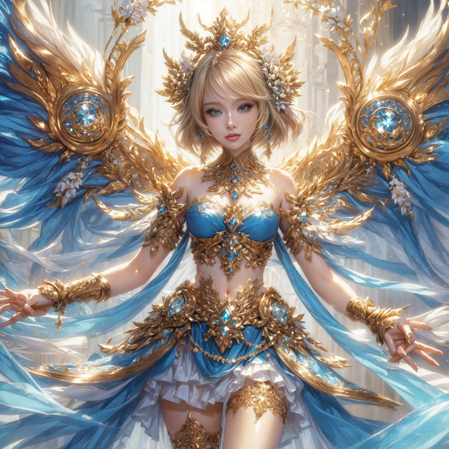 Beautiful woman, beautiful blonde hair, anime image, beautiful white dress. Fine gold jewelry, realistic images ,Light and comfortable outfit
