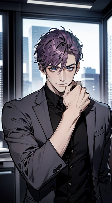 (best quality,4k,8k,highres,masterpiece:1.2),ultra-detailed,(realistic,photorealistic,photo-realistic:1.37),1 man,31 years old,mature man,very handsome,without expression,smile,short purple hair,blue eyes,penetrating gaze,perfect face without errors,imposing posture,businessman,office background,cinematic lighting,hdr image