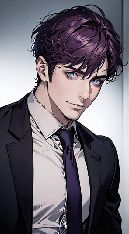 (best quality,4k,8k,highres,masterpiece:1.2),ultra-detailed,(realistic,photorealistic,photo-realistic:1.37),1 man,31 years old,mature man,very handsome,without expression,smile,short purple hair,blue eyes,penetrating gaze,perfect face without errors,imposing posture,businessman,office background,cinematic lighting,hdr image