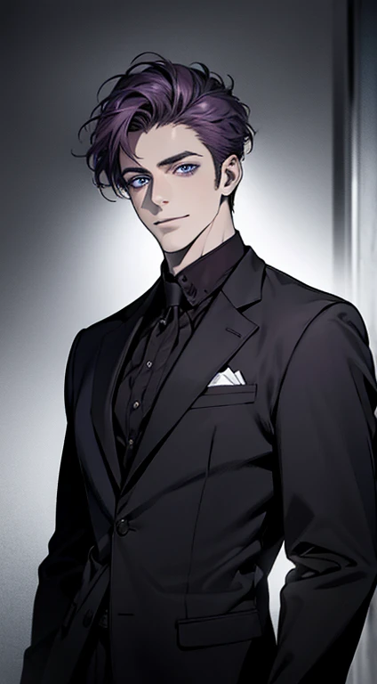 (best quality,4k,8k,highres,masterpiece:1.2),ultra-detailed,(realistic,photorealistic,photo-realistic:1.37),1 man,31 years old,mature man,very handsome,without expression,smile,short purple hair,blue eyes,penetrating gaze,perfect face without errors,imposing posture,businessman,office background,cinematic lighting,hdr image