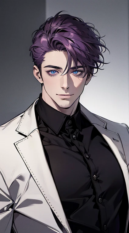 (best quality,4k,8k,highres,masterpiece:1.2),ultra-detailed,(realistic,photorealistic,photo-realistic:1.37),1 man,31 years old,mature man,very handsome,without expression,smile,short purple hair,blue eyes,penetrating gaze,perfect face without errors,imposing posture,businessman,office background,cinematic lighting,hdr image